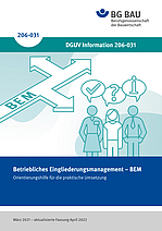 Titelbild der DGUV Information 206-031: Betriebliches Eingliederungsmanagement - BEM, Orientierungshilfe für die praktische Umsetzung.