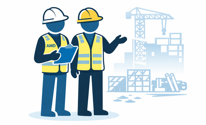 Zwei stilisierte Bau-Fachkräfte mit Schutzhelmen und Warnwesten besprechen anhand eines Klemmbretts eine Baustellensituation, während im Hintergrund eine Baustelle mit Kran und Gebäudestruktur angedeutet ist.