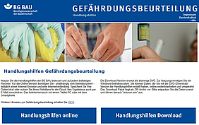 Startbild der BG BAU Handlungshilfen zur Gefährdungsbeurteilung - online und offline.
